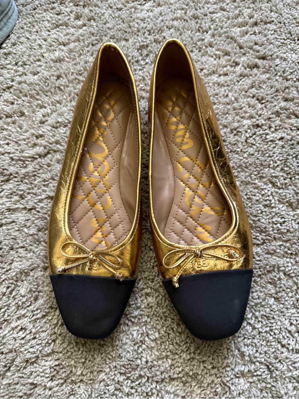 Sam Edelman Gold Metallic Quilted Ballet Flats with Black Cap Toe